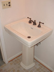 Toto sink in Sedona Beige, with ORB faucet from Santec.  My son did all the work, tile, painting, plumbing, installed everything.  I just bought the power tools